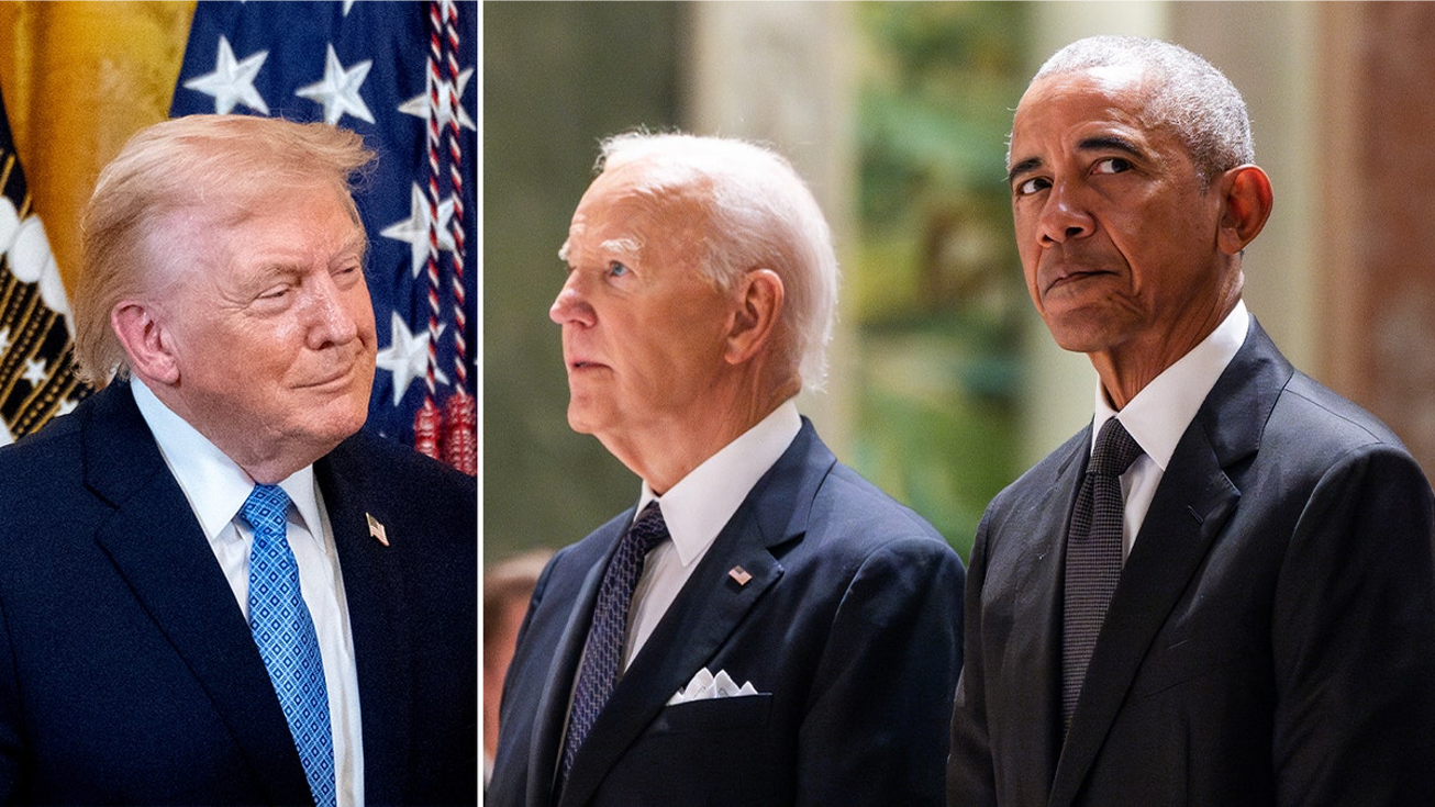 Trump coloca placas burlonas en los retratos de Biden y Obama y desata polémica